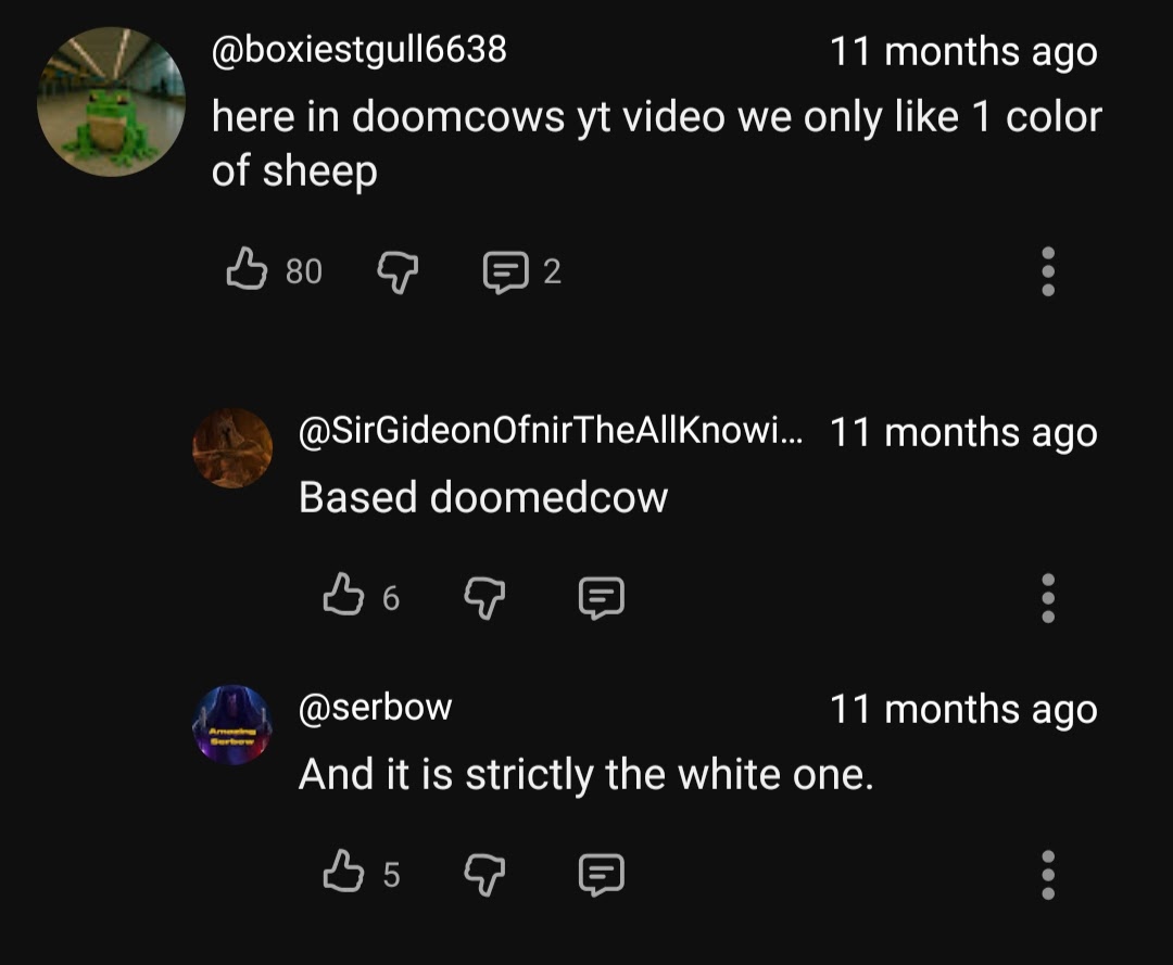 screenshot of white supremacist dog whistles in doomedcow youtube comment section