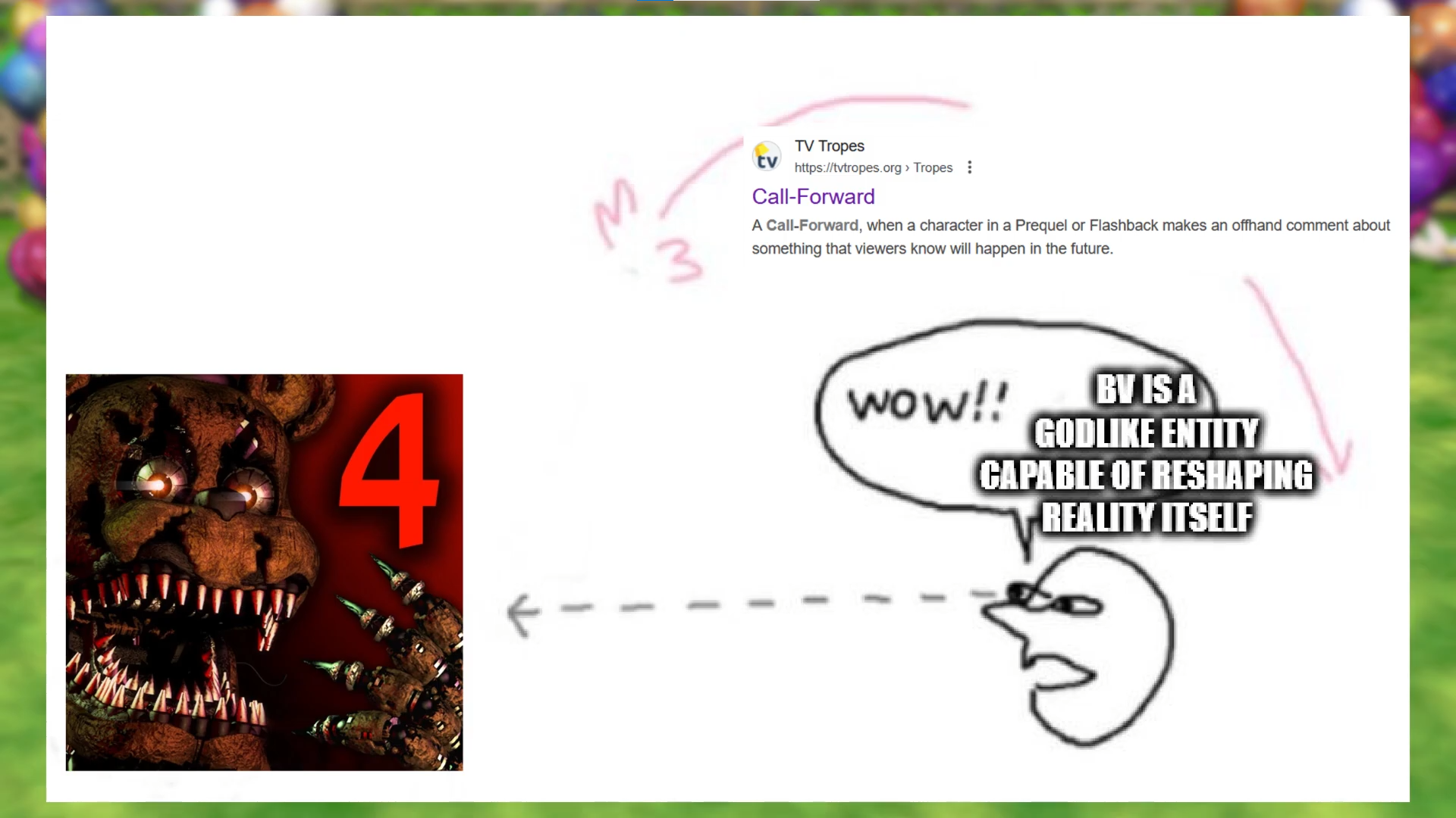 meme about misinterpreting FNAF4 as 'BV is godlike entity that can reshape reality' instead of as an example of the narrative device of a 'call-forward'