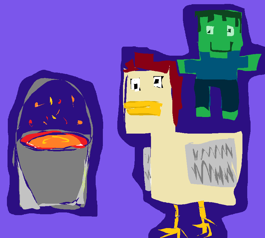 drawing of a minecraft bucket of lava, chicken and zombie