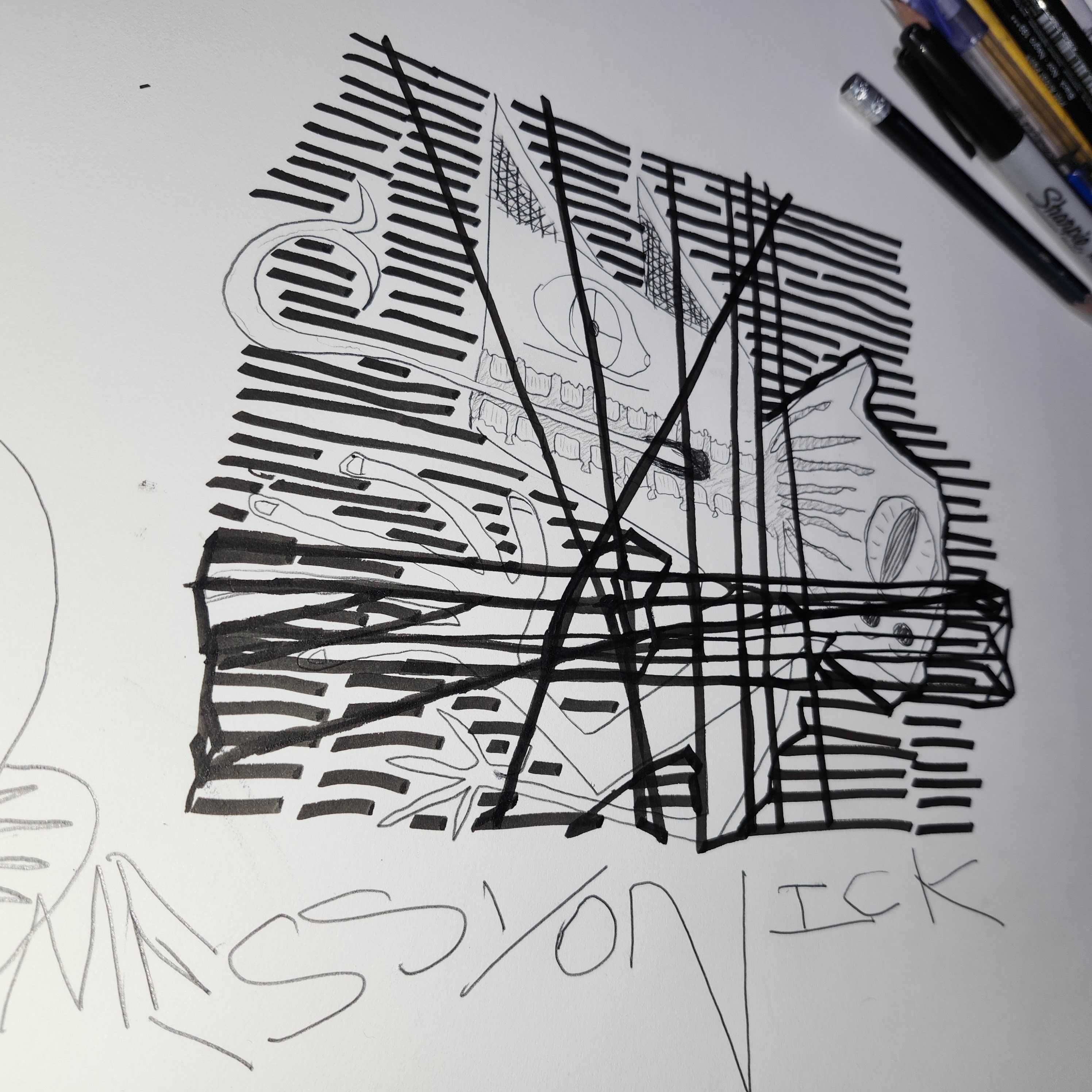 drawing of ??? ; something with two arms, a mouth, a nose, two ears, two eyes, and a tongue ; decipherable text reads 'messyonick' ; undecipherable text reads 'aepple'